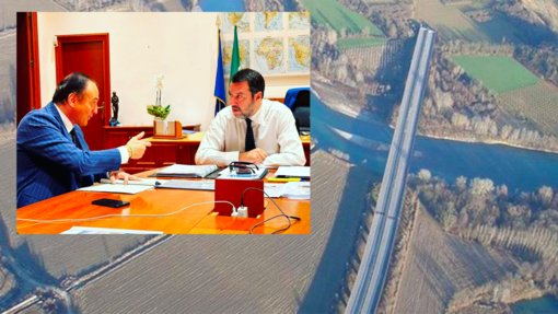 Immagine di un incontro tra il ministro e vicepremier Salvini e il presidente Cirio con, sullo sfondo, il cantiere dell'Asti-Cuneo