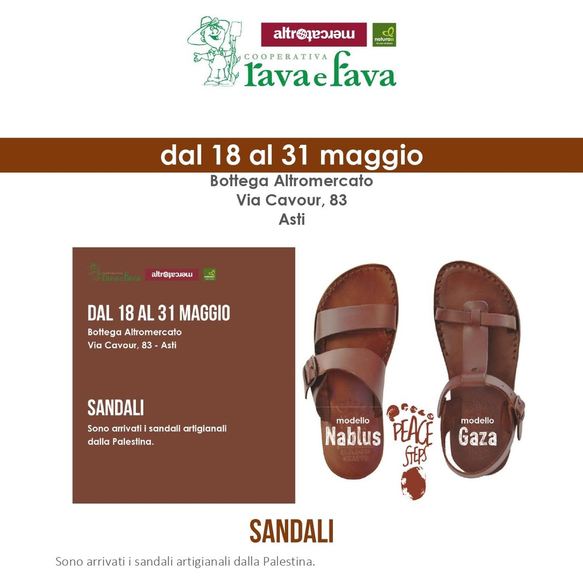 Alla bottega Rava e Fava di Asti i sandali made in Palestina, realizzati dagli artigiani di Hebron
