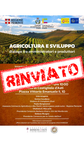 Costigliole d'Asti: rinvio per il convegno su agricoltura e sviluppo Costigliole d'Asti: rinvio per il convegno su agricoltura e sviluppo