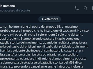 Uno stralcio del messaggio Telegram ricevuto dall'account dell'On. Romano