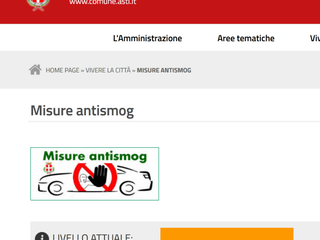 Uno screenshot della pagina relativa le misure antismog sul sito del Comune