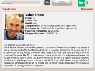 La scheda di Valter Ercole pubblicata sul sito internet della trasmissione tv &quot;Chi l'ha visto&quot;