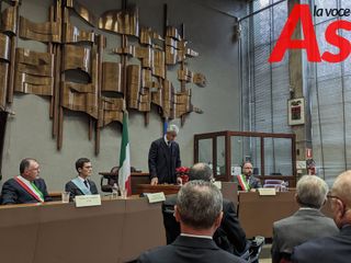Il tavolo istituzionale con, da sinistra: il sindaco di Costigliole d'Asti Enrico Alessandro Cavallero, il presidente della Provincia Paolo Lanfranco, il prefetto Alfonso Terribile e il sindaco di Asti Maurizio Rasero