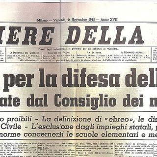 Titolo della prima pagina del Corriere della Sera dell'11 novembre 1938, che annuncia l'approvazione delle leggi razziali. Foto tratta da Wikipedia
