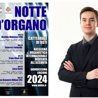 Collage tra la locandina della serata e l'organista Luca Gorla
