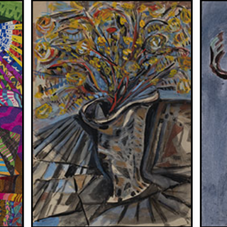 Collage di alcune delle opere in mostra: Squirrel, Uomo-Circo, 1974. Inchiostro nero e pennarelli policromi su carta spessa, 24,5x16,7 cm. Archivio Paolo Conte, Asti