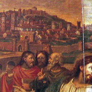 Dipinto &quot;Cristo e gli Apostoli sulla riva del Borbore&quot;, che offre una visione dell'antica Asti