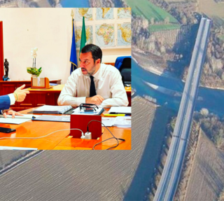 Immagine di un incontro tra il ministro e vicepremier Salvini e il presidente Cirio con, sullo sfondo, il cantiere dell'Asti-Cuneo