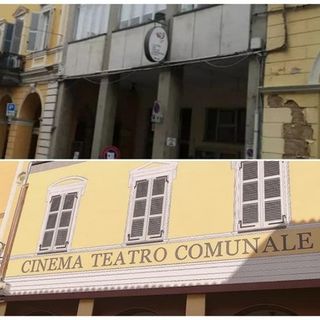 Il raffronto della facciata del cinema-teatro di Costigliole d'Asti prima e dopo il restauro