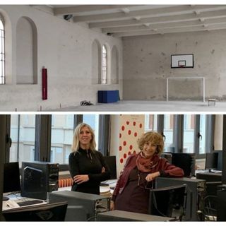 Collage fotografico tra la palestra di via De Amicis e il nuovo laboratorio di informatica del Liceo Artistico