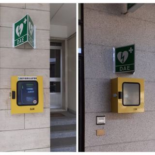 I defibrillatori installati di fronte alla farmacia e all'Ufficio Postale del paese