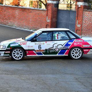 Emanuele Franco e Luca Pieri a bordo della Subaru Legacy con cui si imposero nella prima edizione del rally