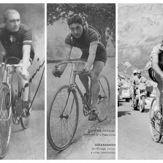 Nel montaggio fotografico, da sinistra a destra, il 'Diavolo Rosso' astigiano Giovanni Gerbi, Costante Girardengo e Fausto Coppi, tre dei campioni di cui i libri di Bocca narrano le gesta sportive