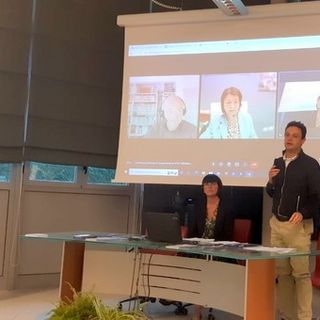 Ingrid Brizio e Gianpiero Conte, direttore generale e presidente Afp, durante la conferenza stampa. In collegamento Filippo Barbera dell'Università di Torino e Daniela Salvestrin direttore Atl Cuneo