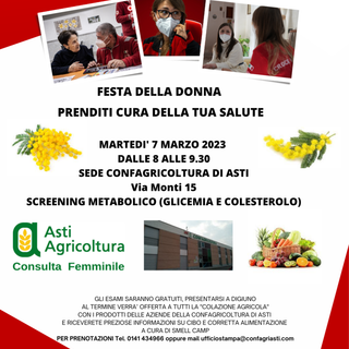 &quot;Prenditi cura della tua salute&quot;: due giornate di screening gratuito organizzate dalla Confagricoltura di Asti insieme alla Croce Rossa