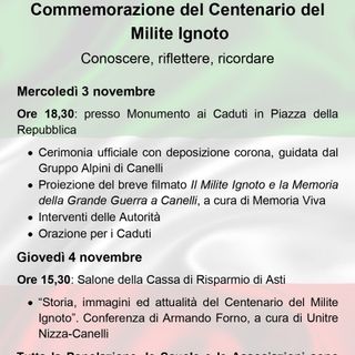 La locandina con il programma delle commemorazioni canellesi per il centenario del Milite Ignoto