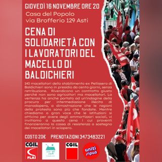 Solidarietà in tavola: cena di raccolta fondi per i lavoratori del Macello di Baldichieri