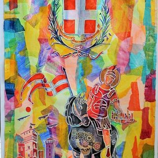 Il drappo, realizzato da Filippo Pinsoglio, destinato al vincitore del Palio 2021
