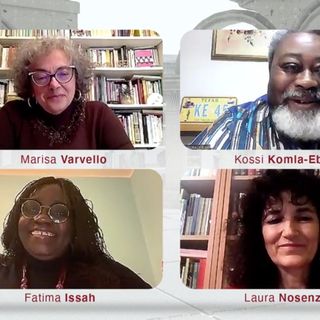 Un fermo immagine sul secondo evento con Marisa Varvello, Kossi-Komla Ebra, Fatima Issah e Laura Nosenzo
