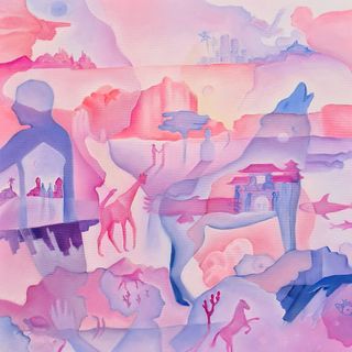 Una delle opere esposte e, in calce, l'invito