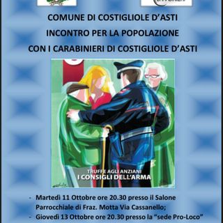 Costigliole d’Asti: in programma tre incontri tra l’Arma e la popolazione