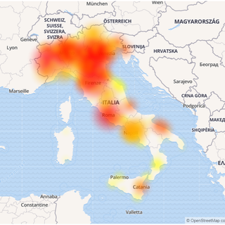La mappa delle aree in cui si sono registrati i maggiori disagi (tratta dal sito www.downdetector.it/)