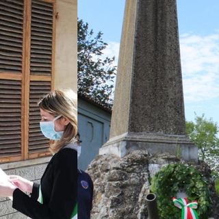 i sindaci Anna Macchia davanti alla lapide alla memoria di Luigi Capriolo e Gianluca Forno al monumento dei caduti