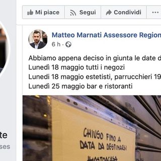 L'assessore regionale Marnati spara su Facebook le aperture di bar, ristoranti ed estetiste ma la Presidenza frena: &quot;Non è ancora ufficiale&quot;