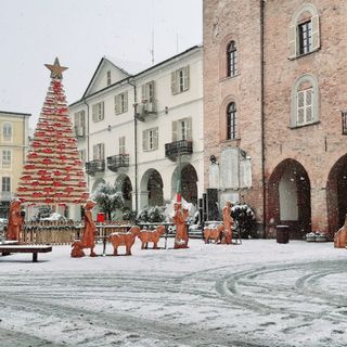 Natale a Nizza Monferrato, albero di Natale con neve, in piazza del Comune