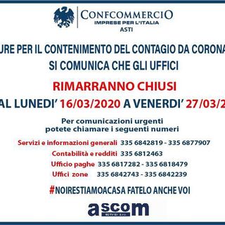Emergenza Coronavirus: chiusi al pubblico gli uffici provinciali di Confcommercio