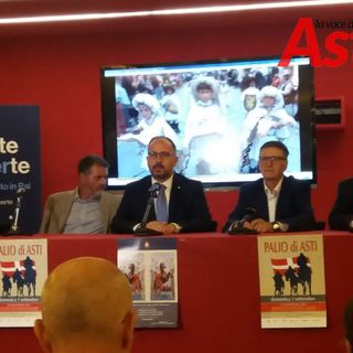 La conferenza di presentazione M.T Perosino collegio dei Rettori, M. Vespa cons. del. Palio, Maurizio Rasero sindaco di Asti, T. Mazzeo Rai