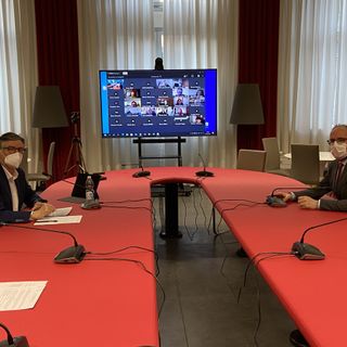 Una fase del webinar con il presidente del polo Astiss, Mario Sacco e il sindaco di Asti, Maurizio Rasero