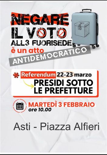 Referendum 22-23 marzo, negare il voto ai fuori sede è un atto antidemocratico: presidio ad Asti sotto la Prefettura