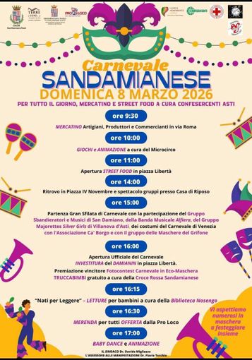 San Damiano d’Asti: domenica 8 marzo il Carnevale Sandamianese tra tradizione, festa e attenzione alla Giornata della Donna