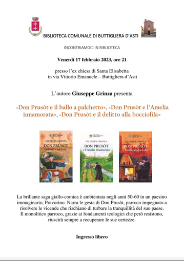 Venerdì 17 a Buttigliera Giuseppe Grinza presenta la saga "Don Prusòt" Venerdì 17 a Buttigliera Giuseppe Grinza presenta la saga "Don Prusòt"