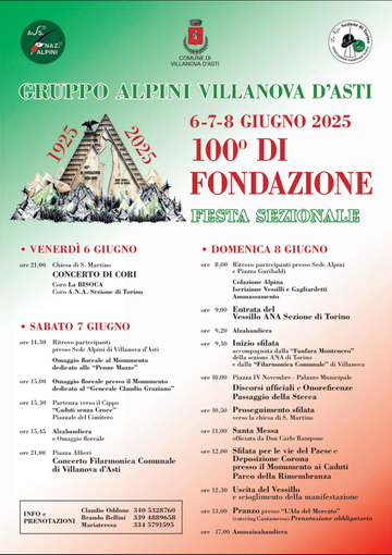 Villanova d’Asti, tre giorni di festa per i 100 anni dalla fondazione del gruppo alpini del paese