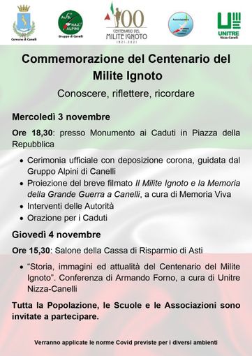 La locandina con il programma delle commemorazioni canellesi per il centenario del Milite Ignoto