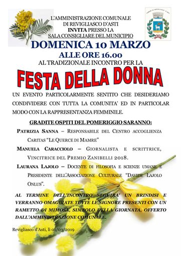 A Revigliasco si festeggiano le donne con un pranzo e un incontro con tre personalità femminili domenica 10 marzo A Revigliasco si festeggiano le donne con un pranzo e un incontro con tre personalità femminili domenica 10 marzo