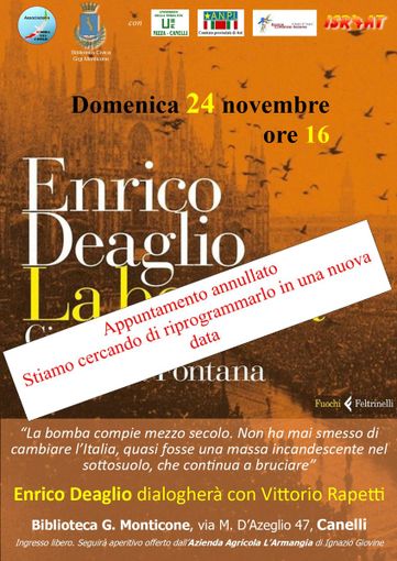 Canelli, annullata per maltempo la presentazione del libro di Deaglio su piazza Fontana