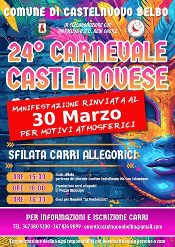 Castelnuovo Belbo, l'incertezza meteo fa rinviare la sfilata di Carnevale Castelnuovo Belbo, l'incertezza meteo fa rinviare la sfilata di Carnevale