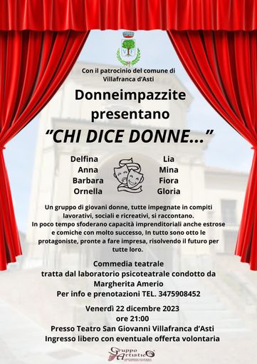 A Villafranca d'Asti andrà in scena la commedia teatrale "Chi dice donne..." A Villafranca d'Asti andrà in scena la commedia teatrale "Chi dice donne..."