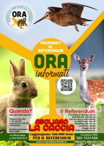 Locandina raccolta firme referendum abrogativo della caccia