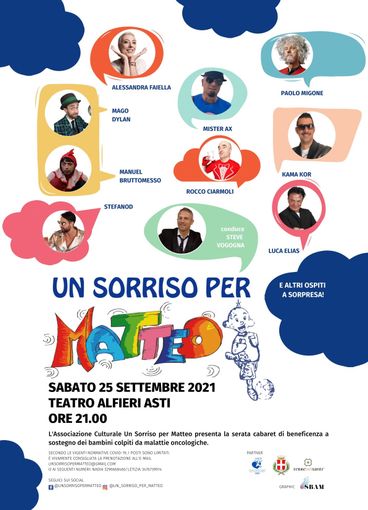 Domani sera a Teatro Alfieri torna lo spettacolo &quot;Un sorriso per Matteo&quot;, con grandi ospiti