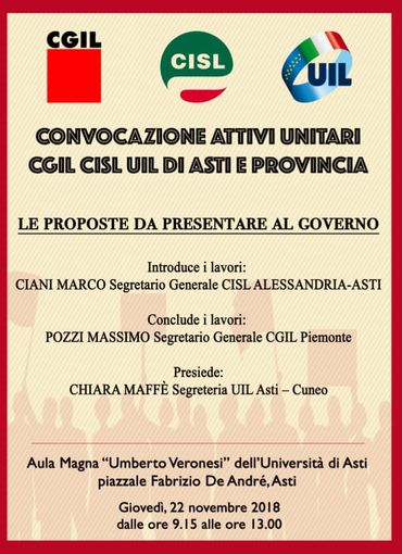 Legge di bilancio 2019, Le priorità di Cgil, Cisl e Uil astigiane Legge di bilancio 2019, Le priorità di Cgil, Cisl e Uil astigiane
