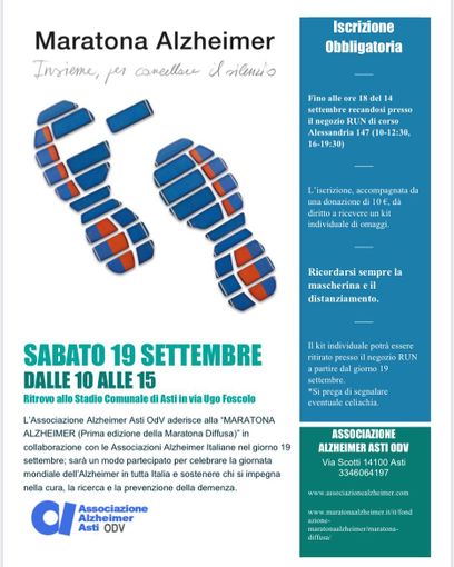Una maratona per sostenere i diritti delle persone con demenza con l'associazione Alzheimer di Asti Una maratona per sostenere i diritti delle persone con demenza con l'associazione Alzheimer di Asti