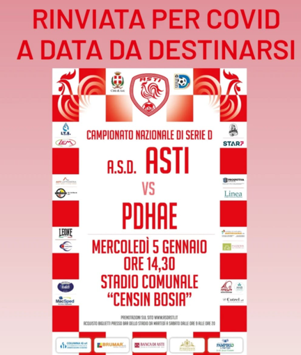 Numerosi casi di Covid-19 nel campionato di Serie D, rinviata a data da destinarsi Asti-Pont Donnaz Numerosi casi di Covid-19 nel campionato di Serie D, rinviata a data da destinarsi Asti-Pont Donnaz