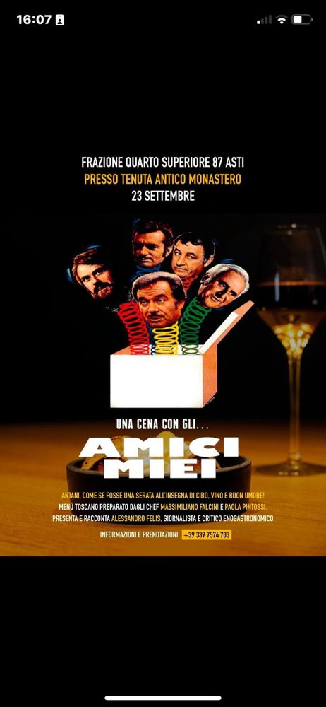 Come se fosse antani, ma con gusto: il menu &quot;Amici Miei&quot; è alla Tenuta Antico Monastero di Asti per una serata speciale