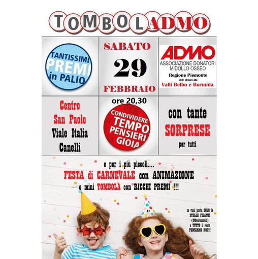 Canelli, appuntamento solidale con la Tombola ADMO sabato 29 febbraio Canelli, appuntamento solidale con la Tombola ADMO sabato 29 febbraio