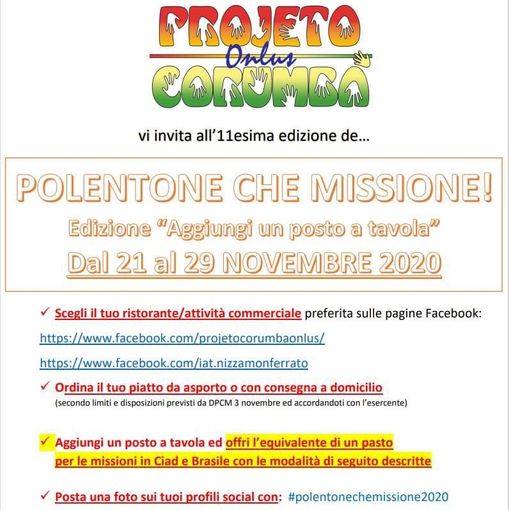 A Nizza il "Polentone che Missione" giunge all'11esima edizione e ...Aggiunge un posto a tavola" A Nizza il "Polentone che Missione" giunge all'11esima edizione e ...Aggiunge un posto a tavola"