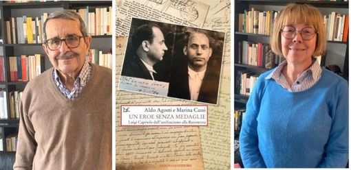 Aldo Agosti e Marina Cassi in un collage fotografico con la copertina del loro libro dedicato a Capriolo Aldo Agosti e Marina Cassi in un collage fotografico con la copertina del loro libro dedicato a Capriolo